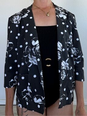 Vintage Yours A.S.A.P. California Black & White Polka Dot Floral Blazer Jacket